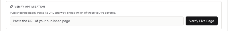 Klarity Verify Optimization panel with URL field and Verify Live Page button.