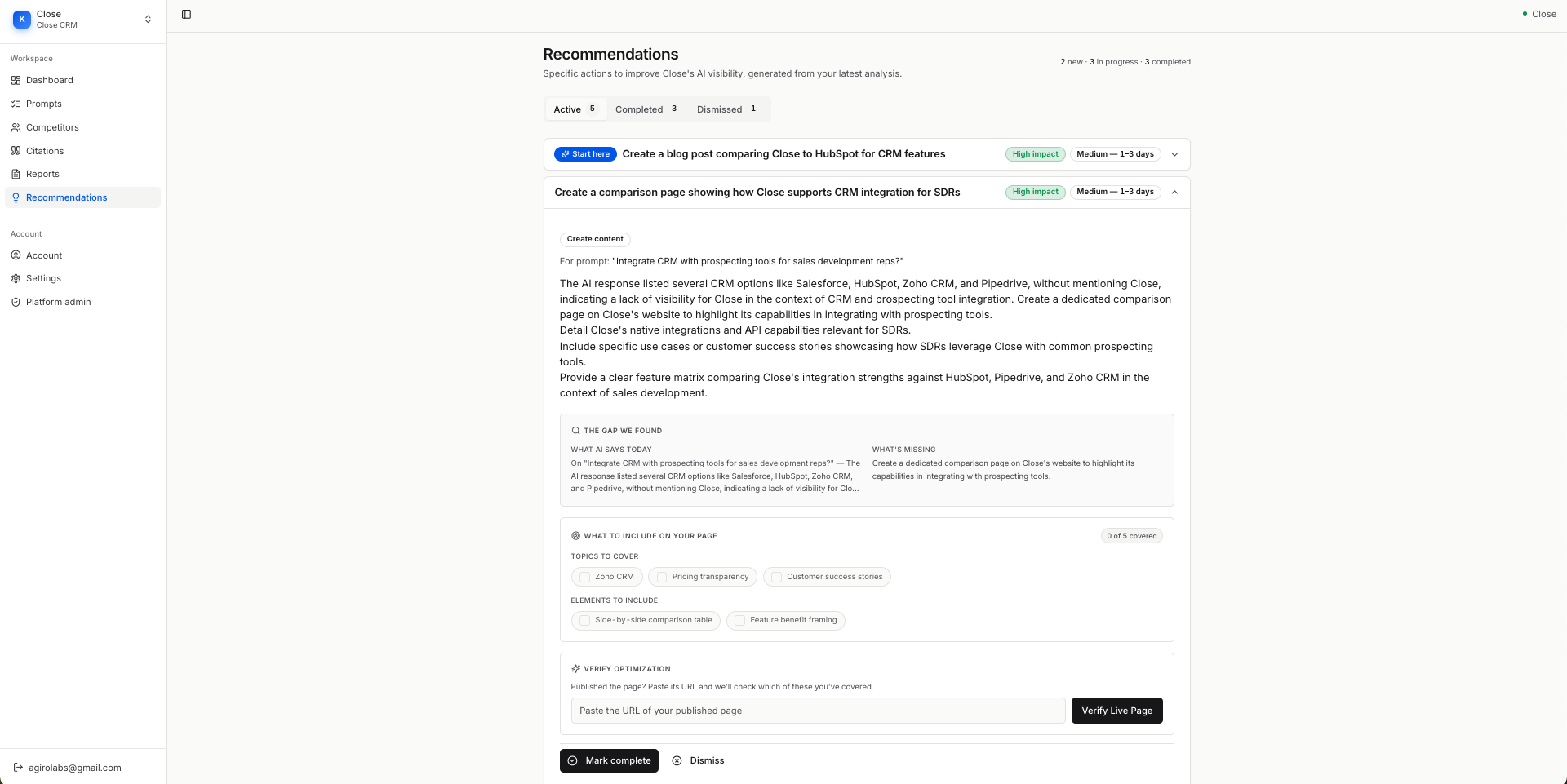 Klarity recommendation detail: create a comparison page showing how Close supports CRM integration for SDRs, with gap analysis, topics and elements checklist, impact and effort tags.
